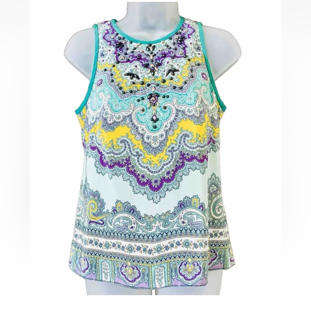 Nanette Lepore Beaded Sleeveless 100% Silk Blouse Teal Yellow Size 0